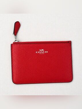 Coach Red Leather Zip Card Case Key Ring Mini Skinny ID Wallet